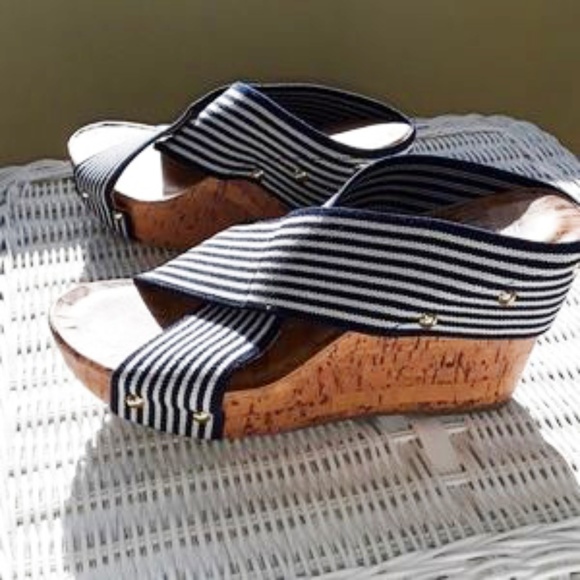 Montego Bay Club Shoes - Super Cute! Navy & White Striped Wedge Sandals